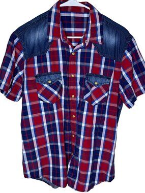 Vintage 90s Red & Blue Plaid Short Sleeve Denim Western Shirt, Rockabilly, Large